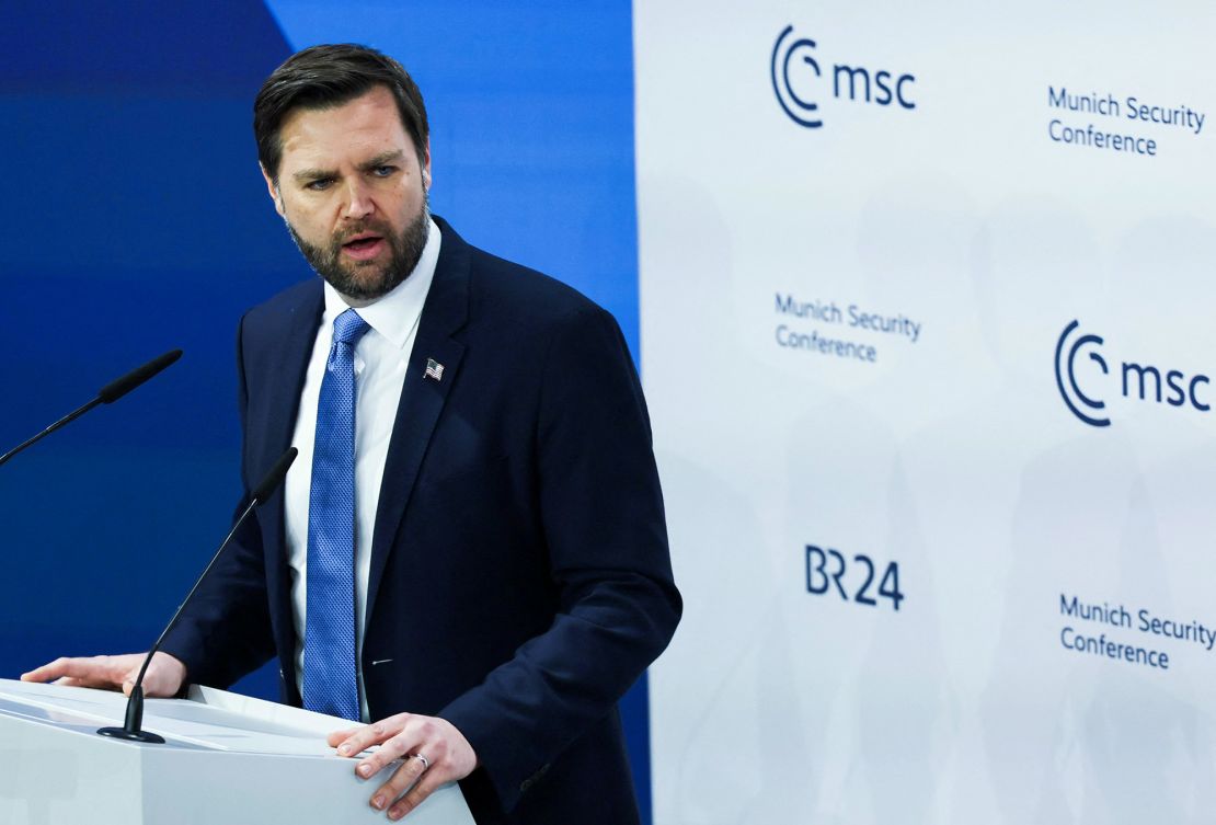 US Vice President JD Vance gives a speech at the Munich Security Conference in Munich, Germany in February.