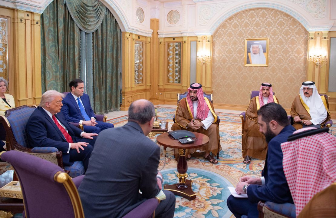 US President Donald Trump meets with Syrian President Ahmad al-Sharaa in Riyadh, Saudi Arabia, on Wednesday.